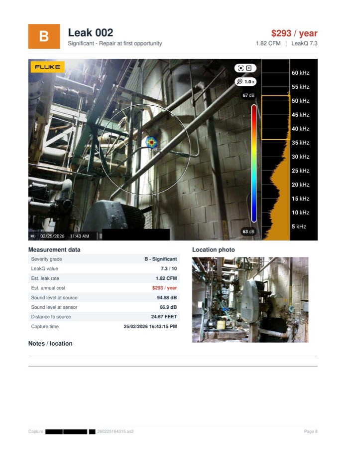 Sample page from a Plant Air Audit leak study report